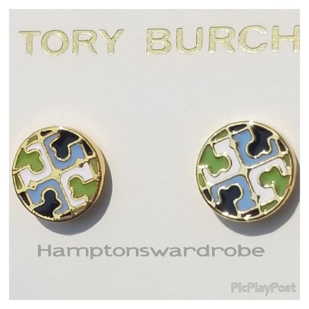 Tory Burch Enamel Grn/Blu 14K Plt stud earrings